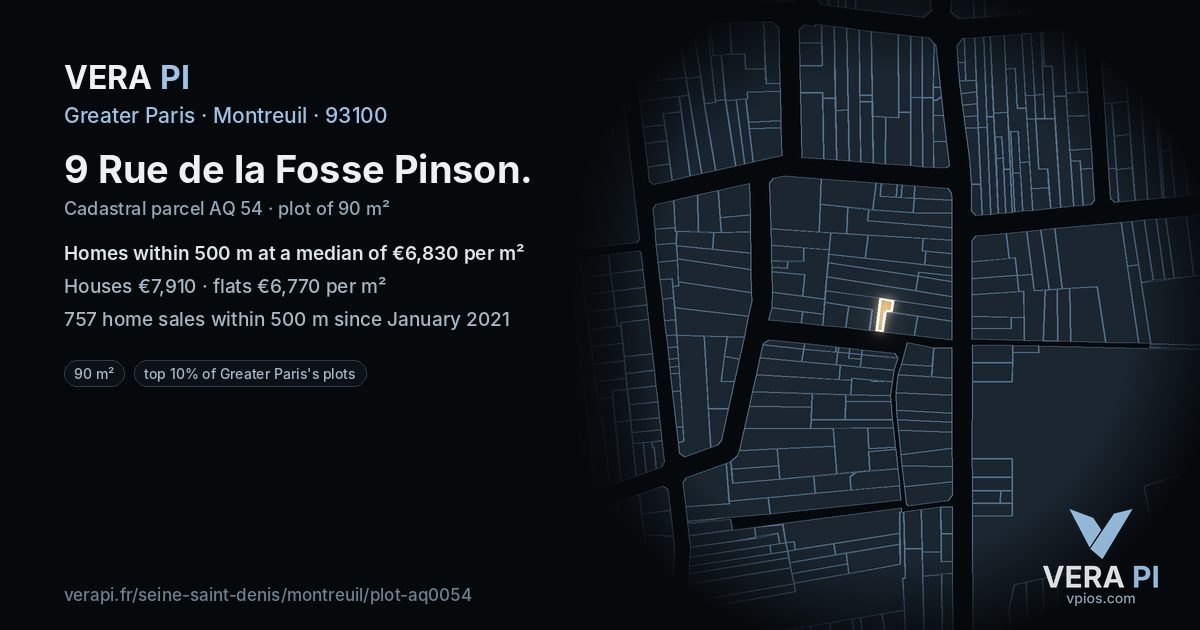 9 Rue de la Fosse Pinson, Montreuil at night – the plot lit, the parcels around coloured by the prices near them