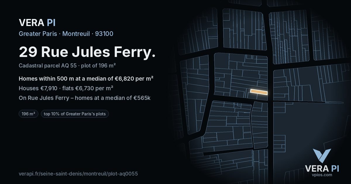 29 Rue Jules Ferry, Montreuil at night – the plot lit, the parcels around coloured by the prices near them