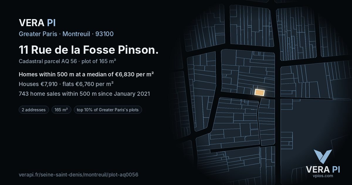 11 Rue de la Fosse Pinson, Montreuil at night – the plot lit, the parcels around coloured by the prices near them