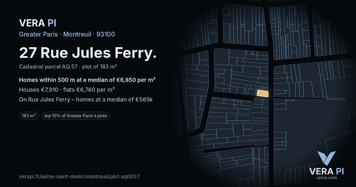 27 Rue Jules Ferry, Montreuil at night – the plot lit, the parcels around coloured by the prices near them