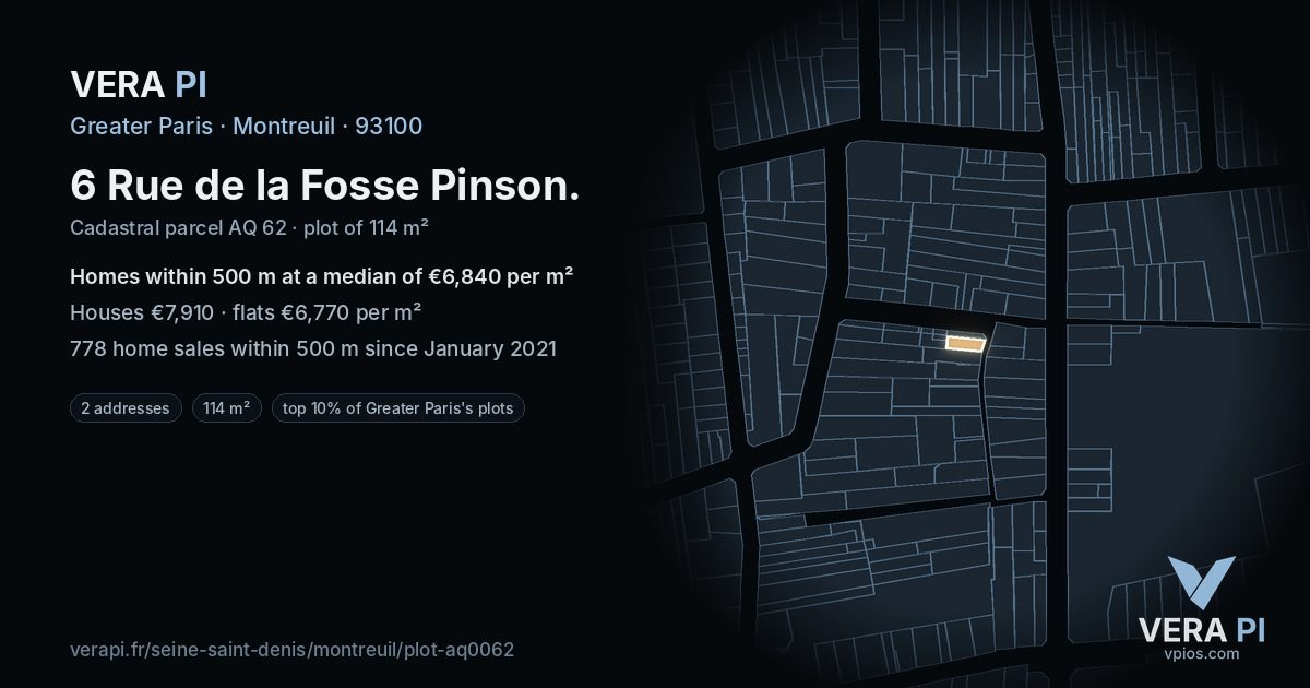 6 Rue de la Fosse Pinson, Montreuil at night – the plot lit, the parcels around coloured by the prices near them
