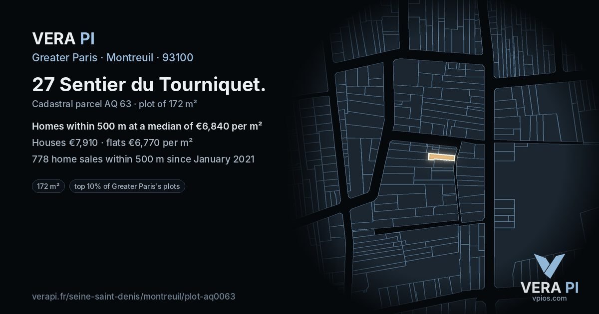 27 Sentier du Tourniquet, Montreuil at night – the plot lit, the parcels around coloured by the prices near them