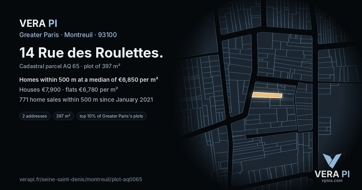 14 Rue des Roulettes, Montreuil at night – the plot lit, the parcels around coloured by the prices near them