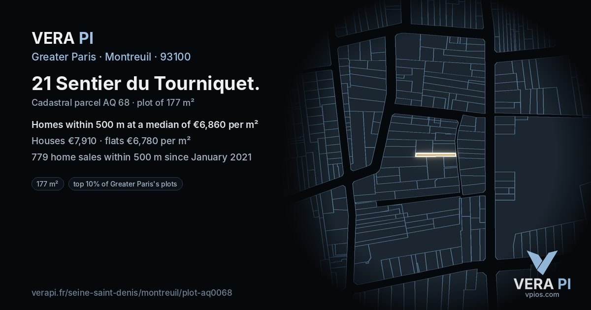 21 Sentier du Tourniquet, Montreuil at night – the plot lit, the parcels around coloured by the prices near them