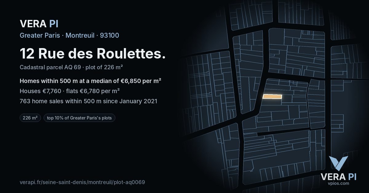 12 Rue des Roulettes, Montreuil at night – the plot lit, the parcels around coloured by the prices near them