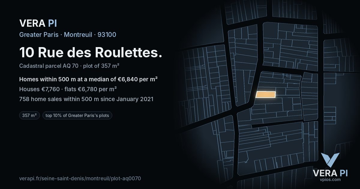 10 Rue des Roulettes, Montreuil at night – the plot lit, the parcels around coloured by the prices near them