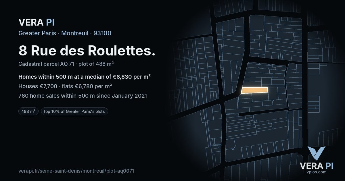 8 Rue des Roulettes, Montreuil at night – the plot lit, the parcels around coloured by the prices near them