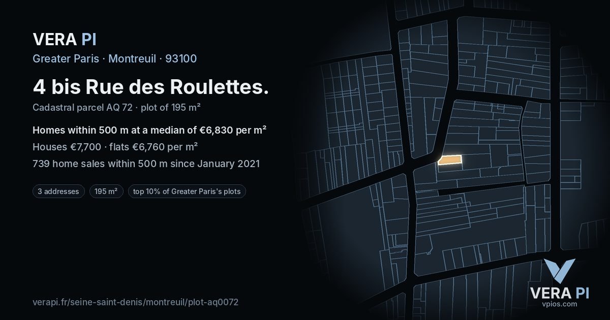 4 bis Rue des Roulettes, Montreuil at night – the plot lit, the parcels around coloured by the prices near them