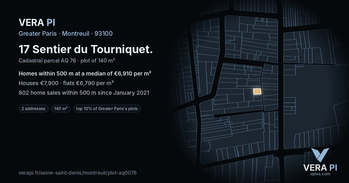 17 Sentier du Tourniquet, Montreuil at night – the plot lit, the parcels around coloured by the prices near them
