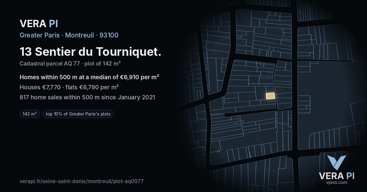 13 Sentier du Tourniquet, Montreuil at night – the plot lit, the parcels around coloured by the prices near them