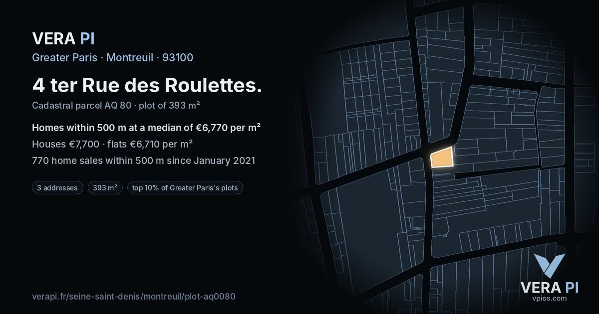 4 ter Rue des Roulettes, Montreuil at night – the plot lit, the parcels around coloured by the prices near them