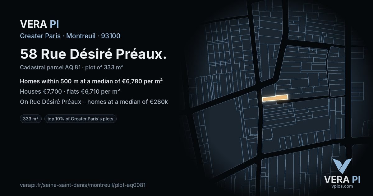 58 Rue Désiré Préaux, Montreuil at night – the plot lit, the parcels around coloured by the prices near them