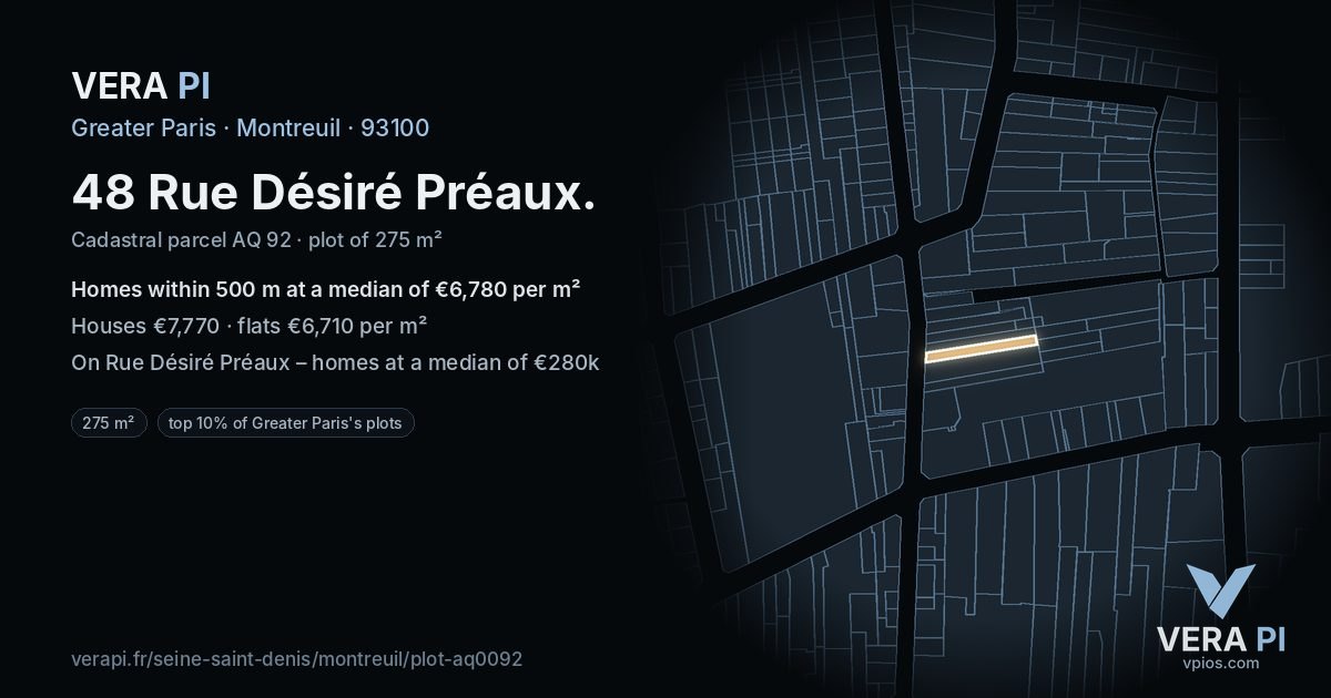 48 Rue Désiré Préaux, Montreuil at night – the plot lit, the parcels around coloured by the prices near them