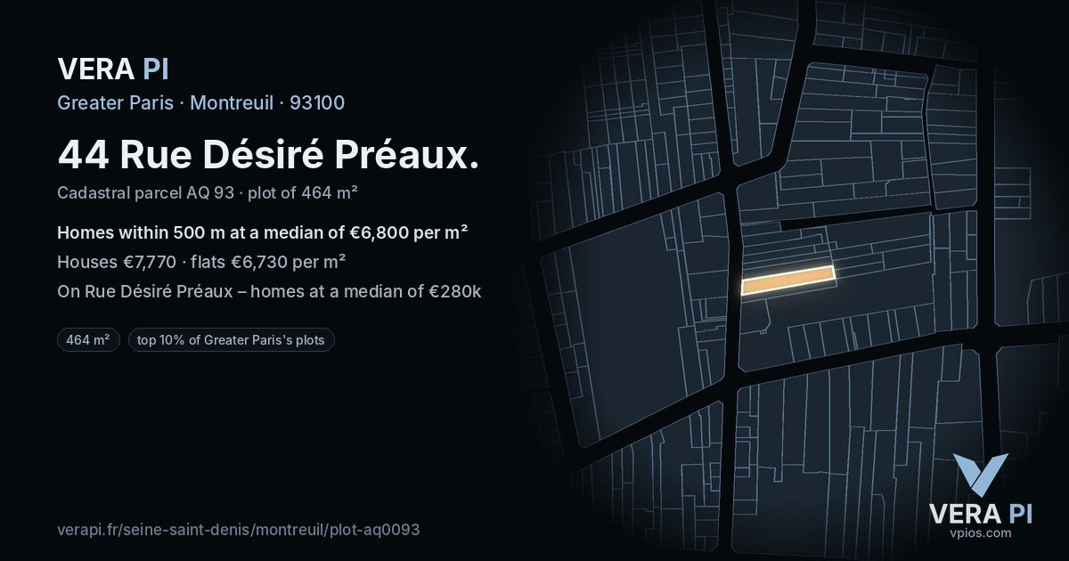44 Rue Désiré Préaux, Montreuil at night – the plot lit, the parcels around coloured by the prices near them