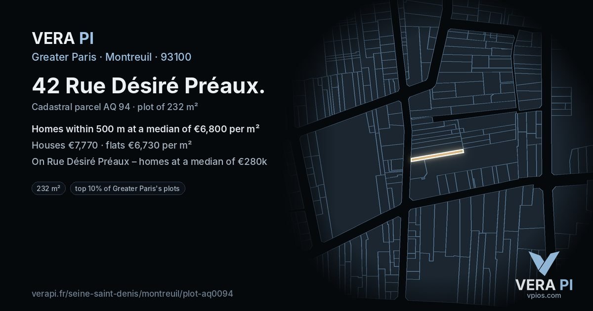 42 Rue Désiré Préaux, Montreuil at night – the plot lit, the parcels around coloured by the prices near them