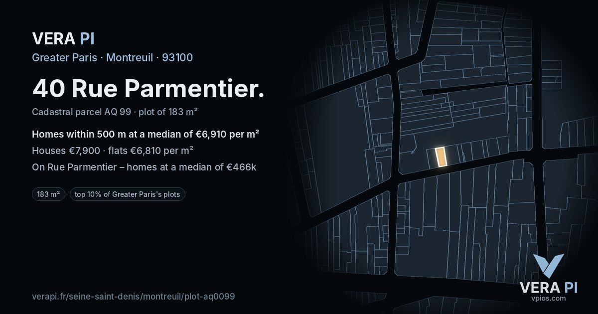 40 Rue Parmentier, Montreuil at night – the plot lit, the parcels around coloured by the prices near them