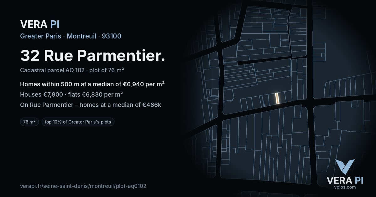 32 Rue Parmentier, Montreuil at night – the plot lit, the parcels around coloured by the prices near them