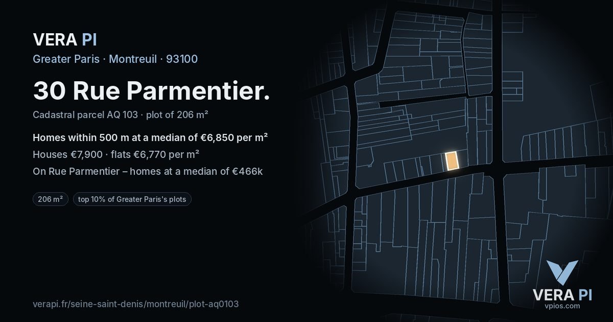 30 Rue Parmentier, Montreuil at night – the plot lit, the parcels around coloured by the prices near them