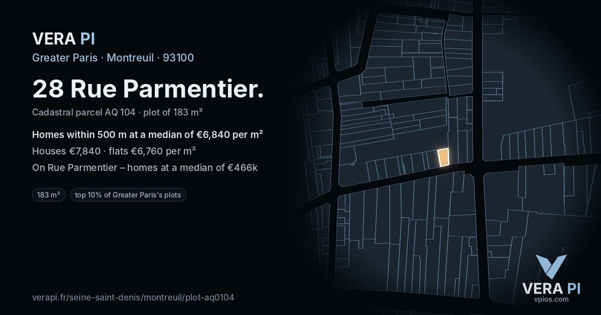 28 Rue Parmentier, Montreuil at night – the plot lit, the parcels around coloured by the prices near them
