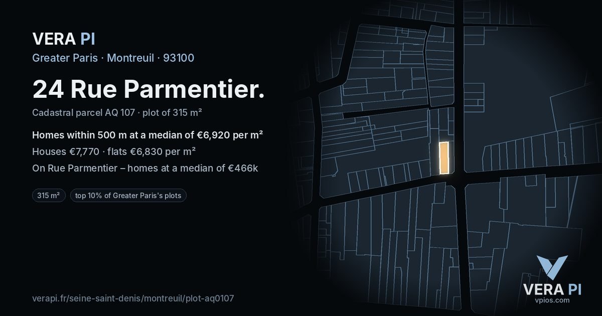 24 Rue Parmentier, Montreuil at night – the plot lit, the parcels around coloured by the prices near them