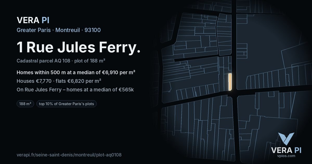 1 Rue Jules Ferry, Montreuil at night – the plot lit, the parcels around coloured by the prices near them