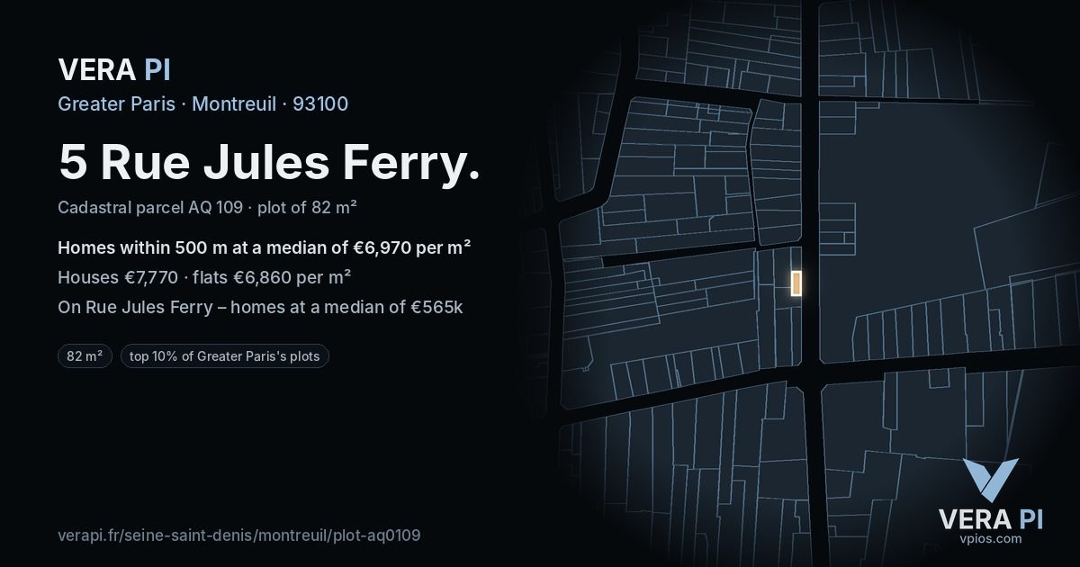 5 Rue Jules Ferry, Montreuil at night – the plot lit, the parcels around coloured by the prices near them