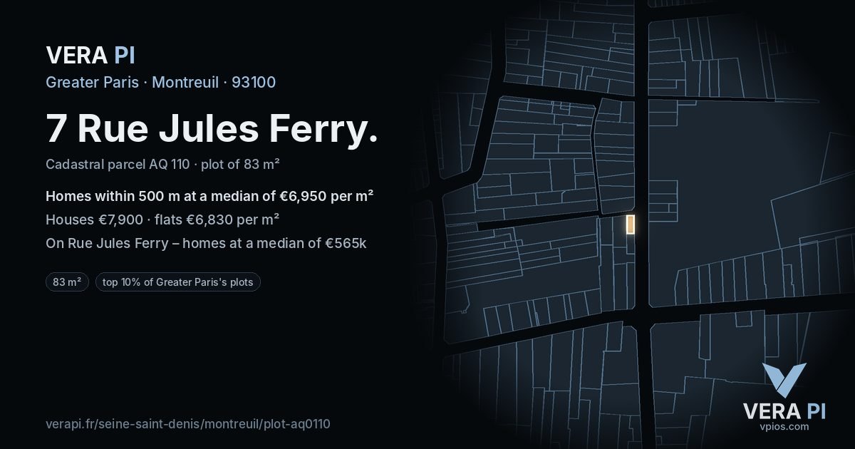 7 Rue Jules Ferry, Montreuil at night – the plot lit, the parcels around coloured by the prices near them