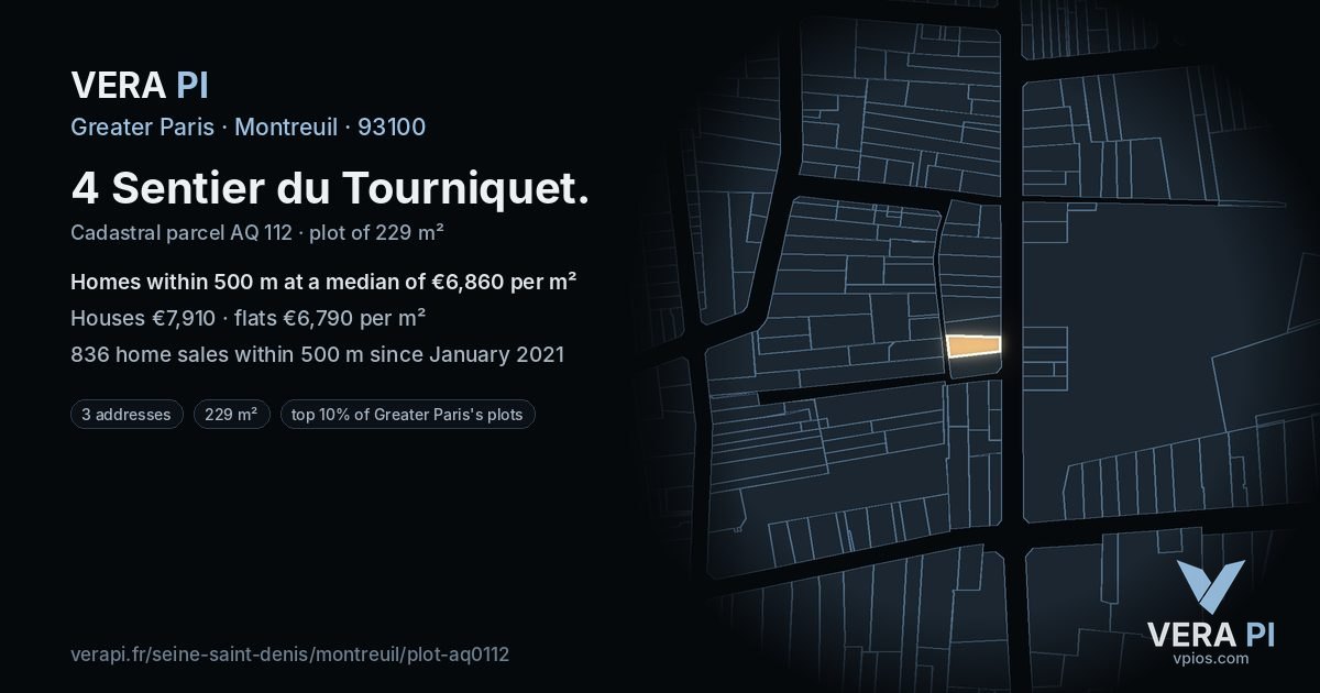 4 Sentier du Tourniquet, Montreuil at night – the plot lit, the parcels around coloured by the prices near them