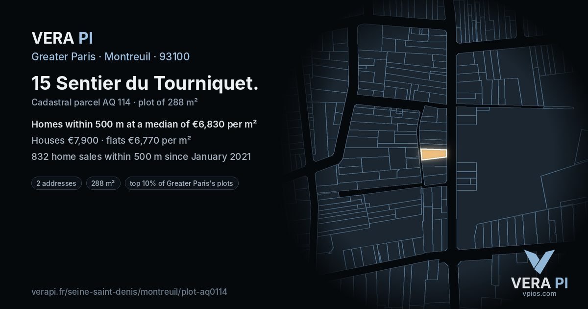 15 Sentier du Tourniquet, Montreuil at night – the plot lit, the parcels around coloured by the prices near them