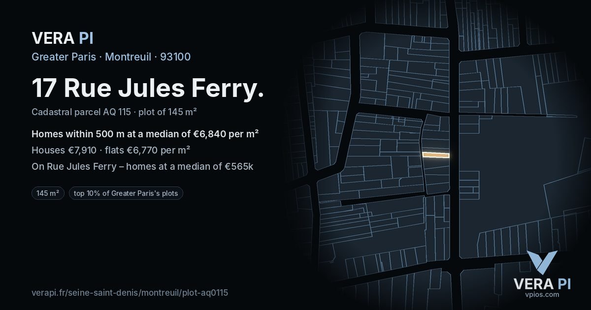 17 Rue Jules Ferry, Montreuil at night – the plot lit, the parcels around coloured by the prices near them