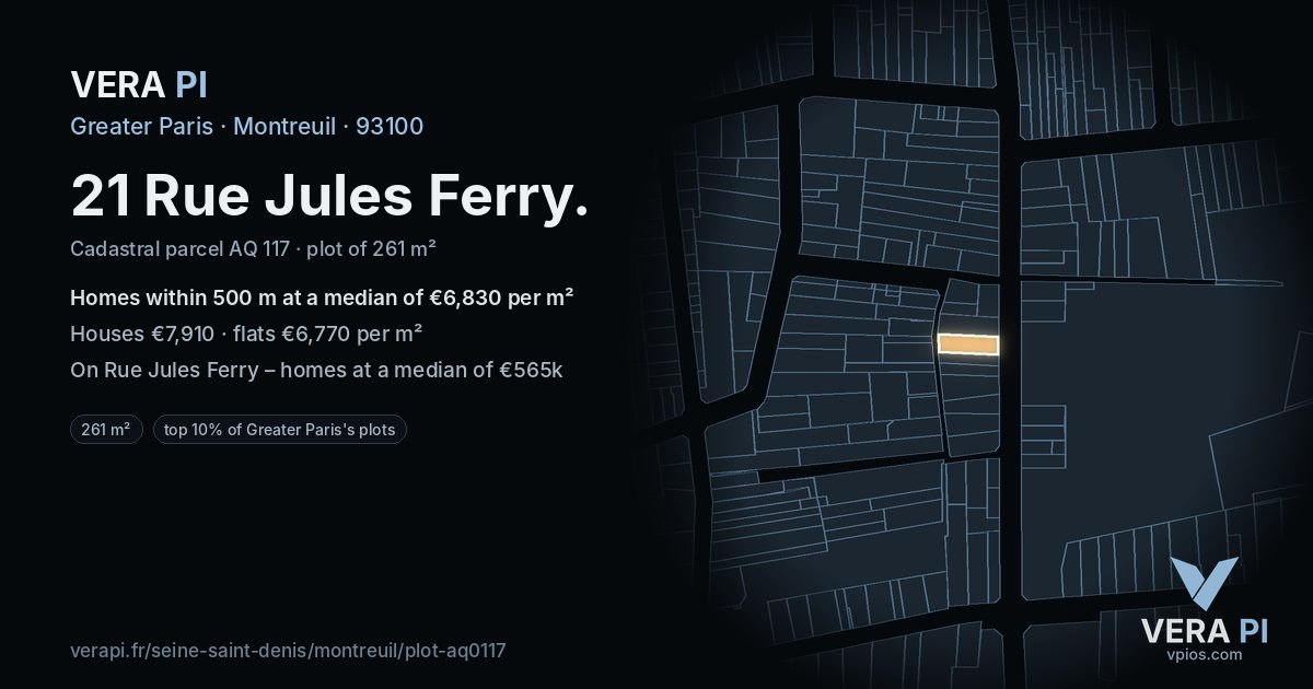 21 Rue Jules Ferry, Montreuil at night – the plot lit, the parcels around coloured by the prices near them