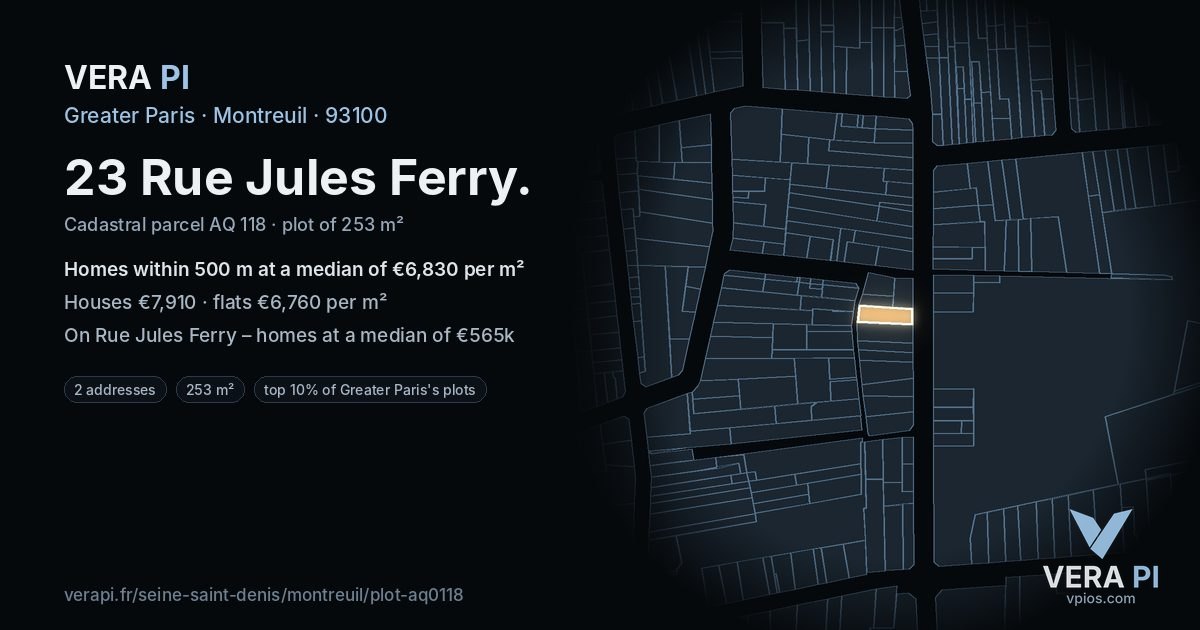23 Rue Jules Ferry, Montreuil at night – the plot lit, the parcels around coloured by the prices near them