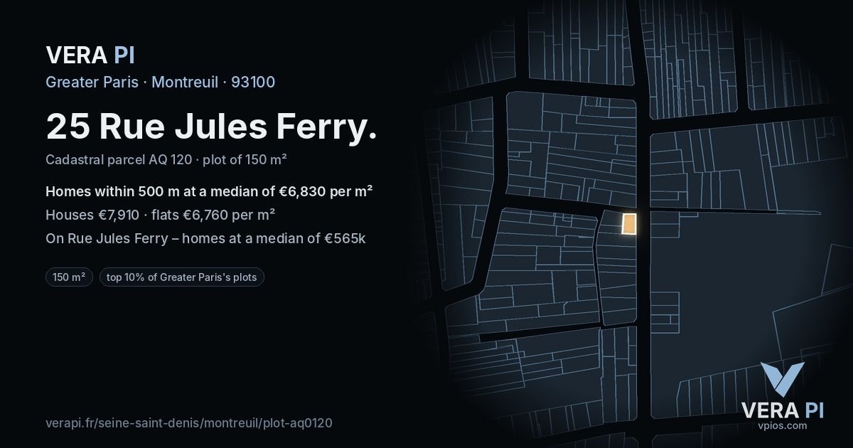 25 Rue Jules Ferry, Montreuil at night – the plot lit, the parcels around coloured by the prices near them