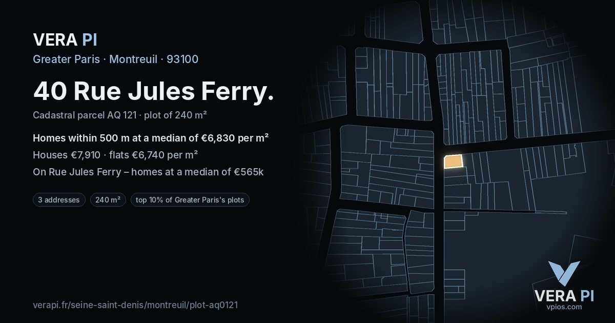 40 Rue Jules Ferry, Montreuil at night – the plot lit, the parcels around coloured by the prices near them