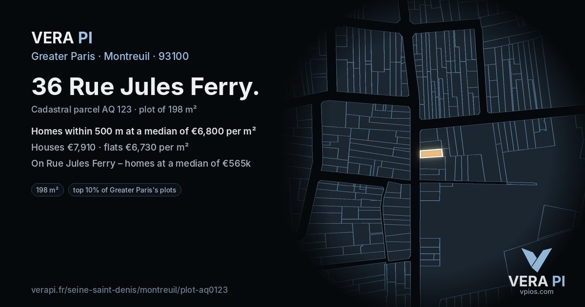 36 Rue Jules Ferry, Montreuil at night – the plot lit, the parcels around coloured by the prices near them