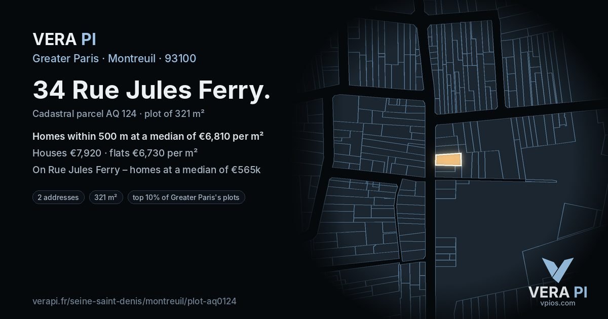 34 Rue Jules Ferry, Montreuil at night – the plot lit, the parcels around coloured by the prices near them