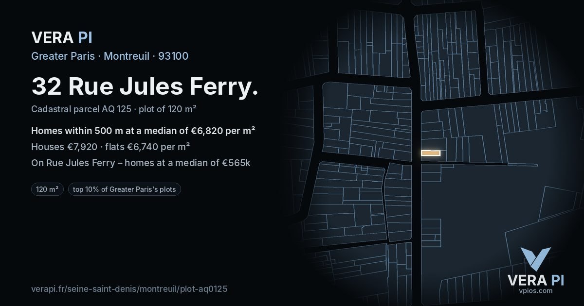 32 Rue Jules Ferry, Montreuil at night – the plot lit, the parcels around coloured by the prices near them
