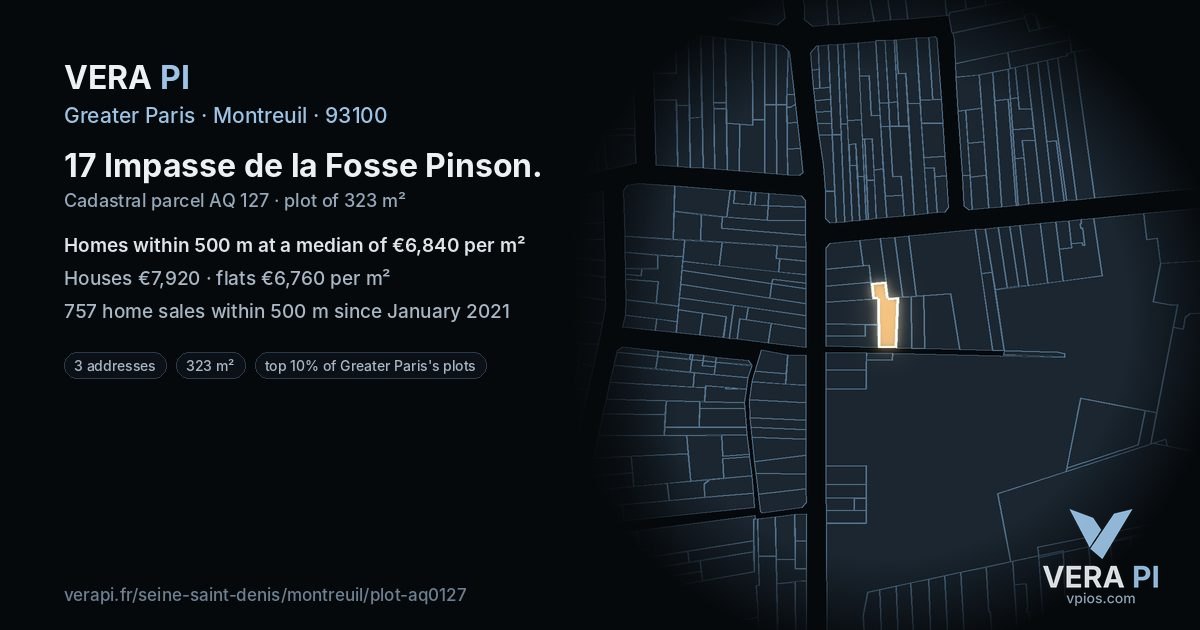 17 Impasse de la Fosse Pinson, Montreuil at night – the plot lit, the parcels around coloured by the prices near them