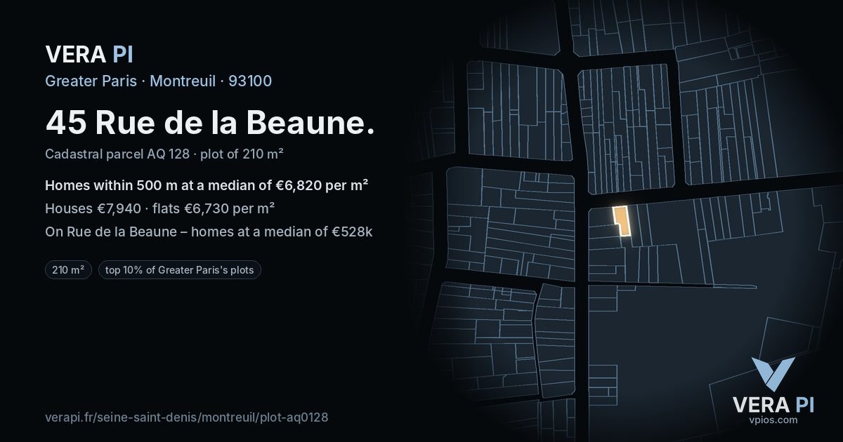 45 Rue de la Beaune, Montreuil at night – the plot lit, the parcels around coloured by the prices near them