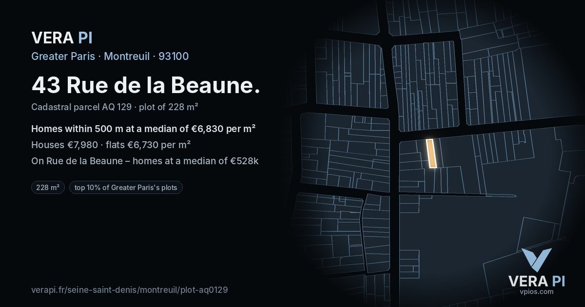 43 Rue de la Beaune, Montreuil at night – the plot lit, the parcels around coloured by the prices near them