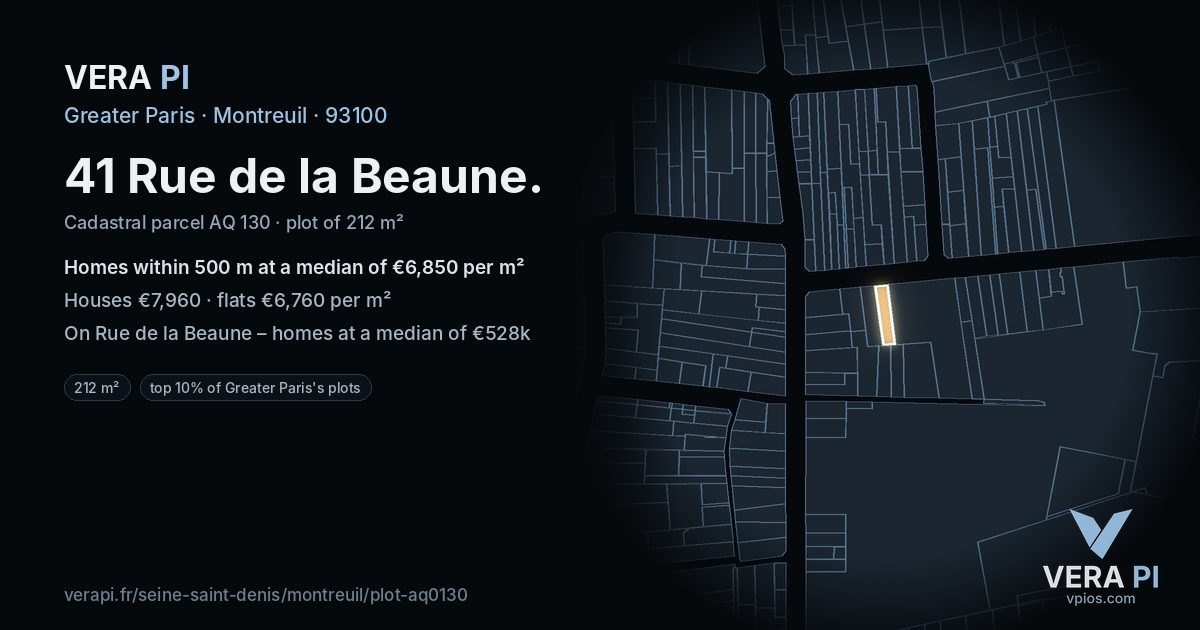 41 Rue de la Beaune, Montreuil at night – the plot lit, the parcels around coloured by the prices near them