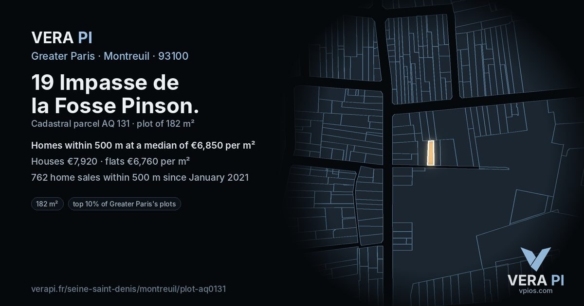 19 Impasse de la Fosse Pinson, Montreuil at night – the plot lit, the parcels around coloured by the prices near them