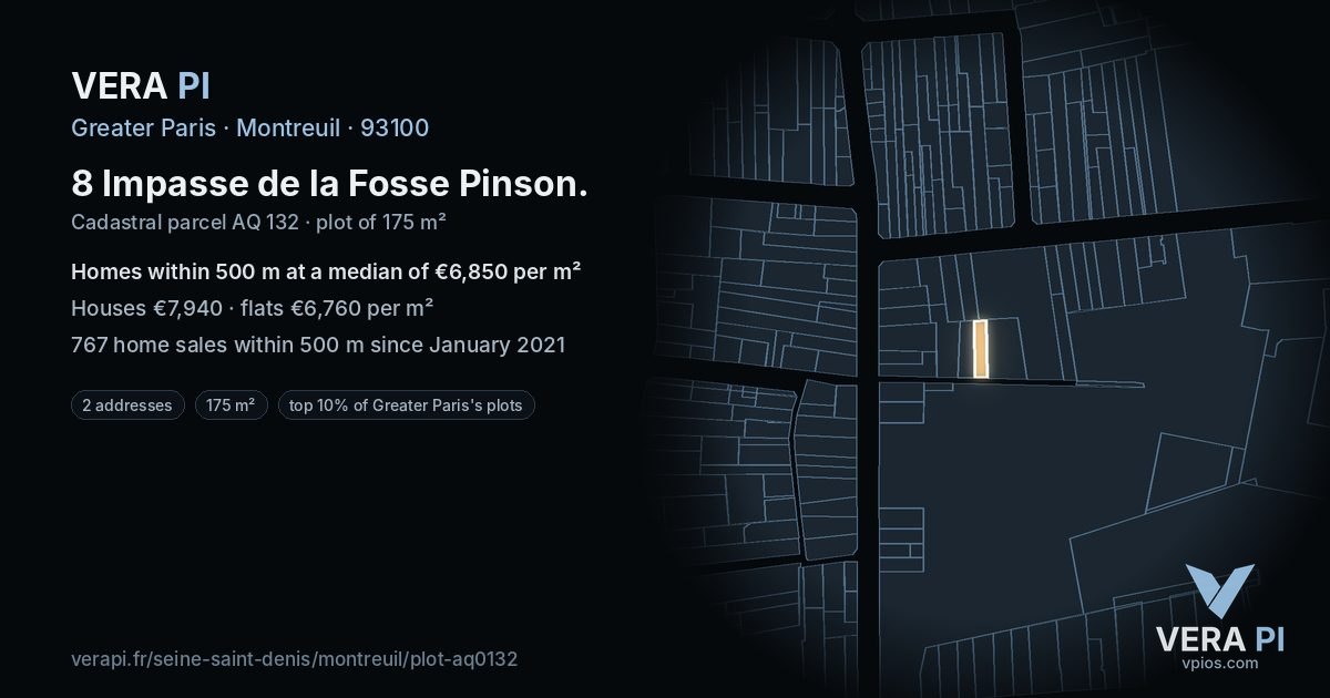 8 Impasse de la Fosse Pinson, Montreuil at night – the plot lit, the parcels around coloured by the prices near them
