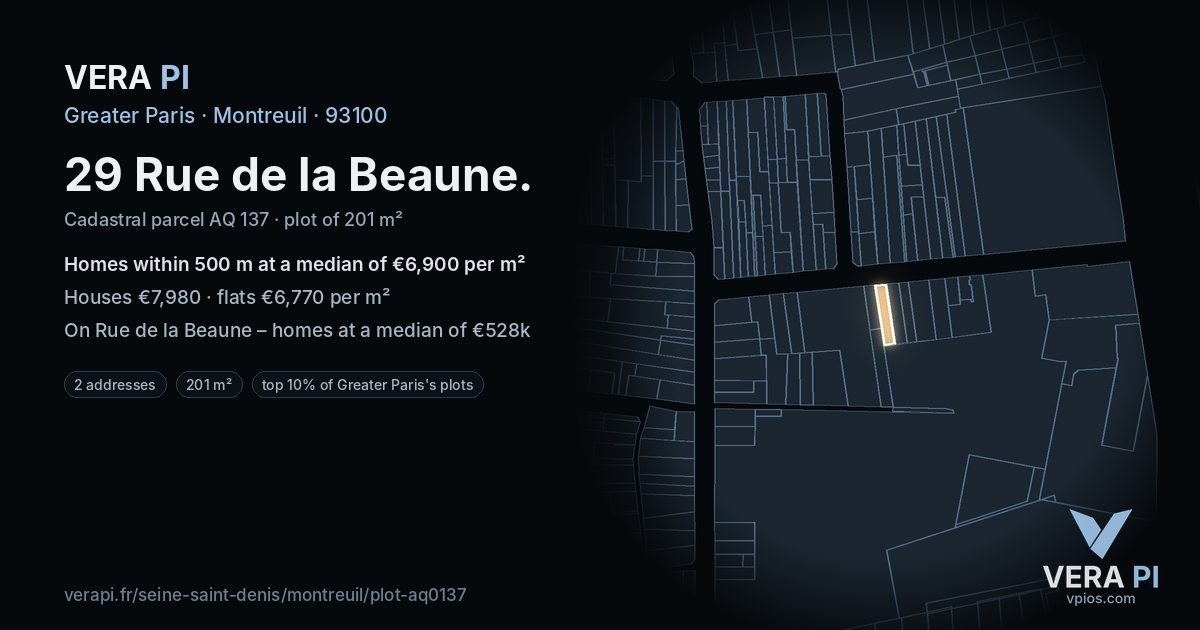 29 Rue de la Beaune, Montreuil at night – the plot lit, the parcels around coloured by the prices near them