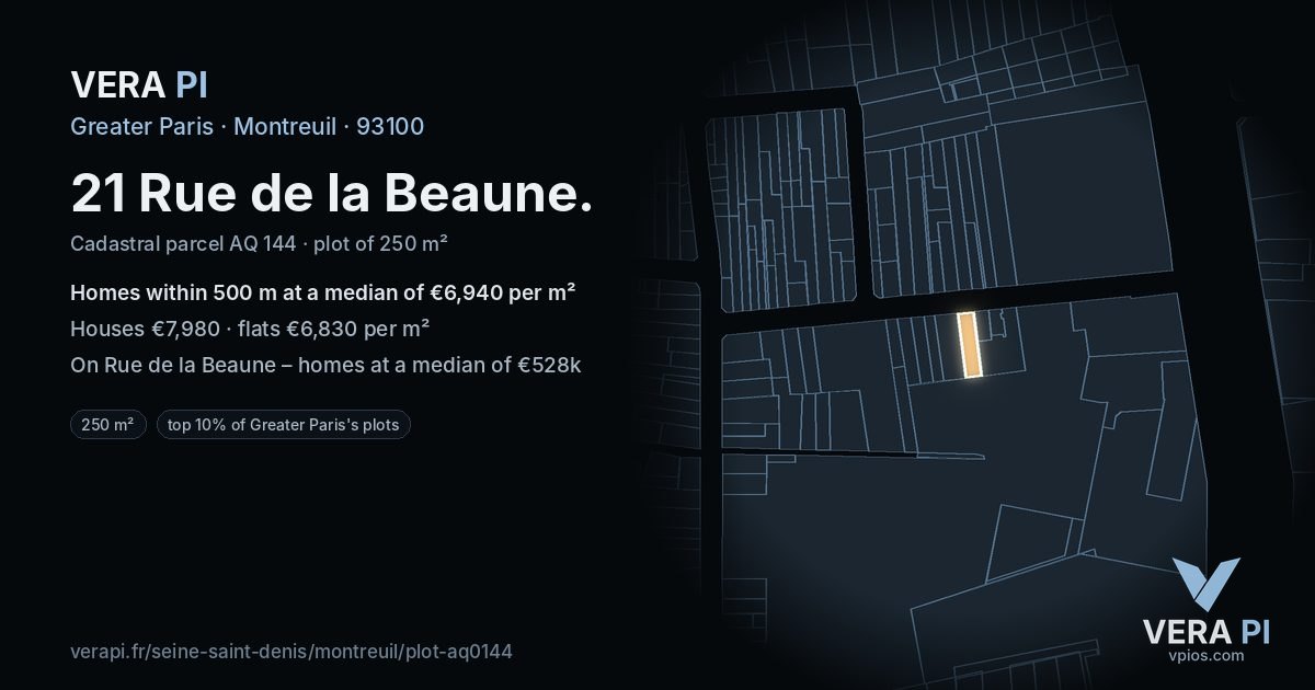 21 Rue de la Beaune, Montreuil at night – the plot lit, the parcels around coloured by the prices near them