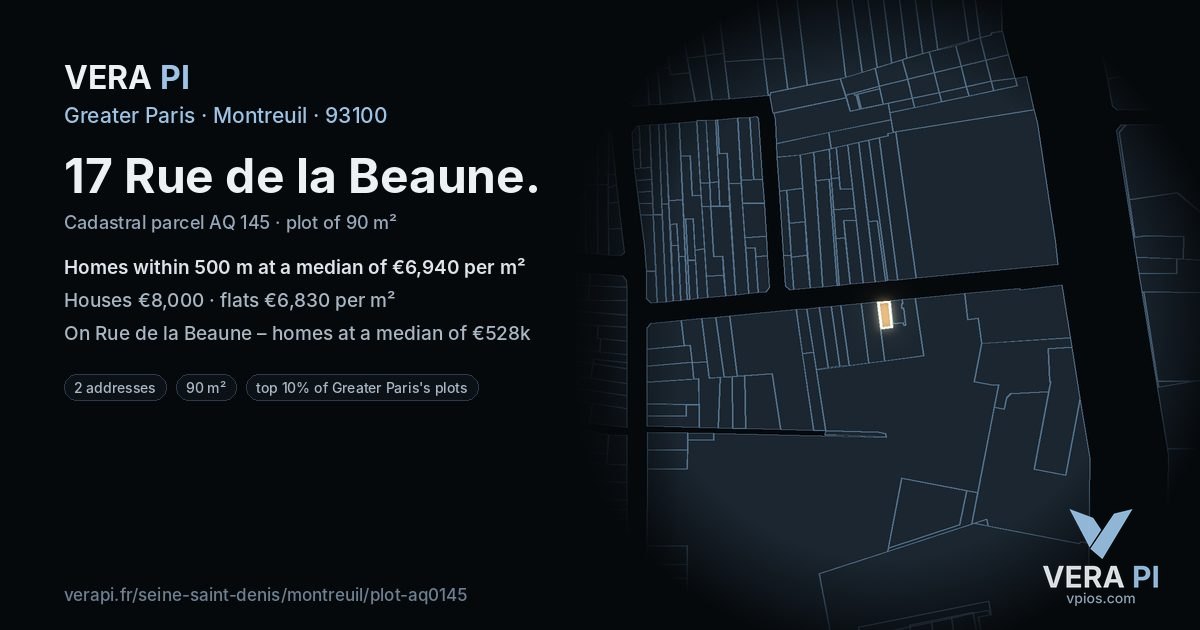 17 Rue de la Beaune, Montreuil at night – the plot lit, the parcels around coloured by the prices near them