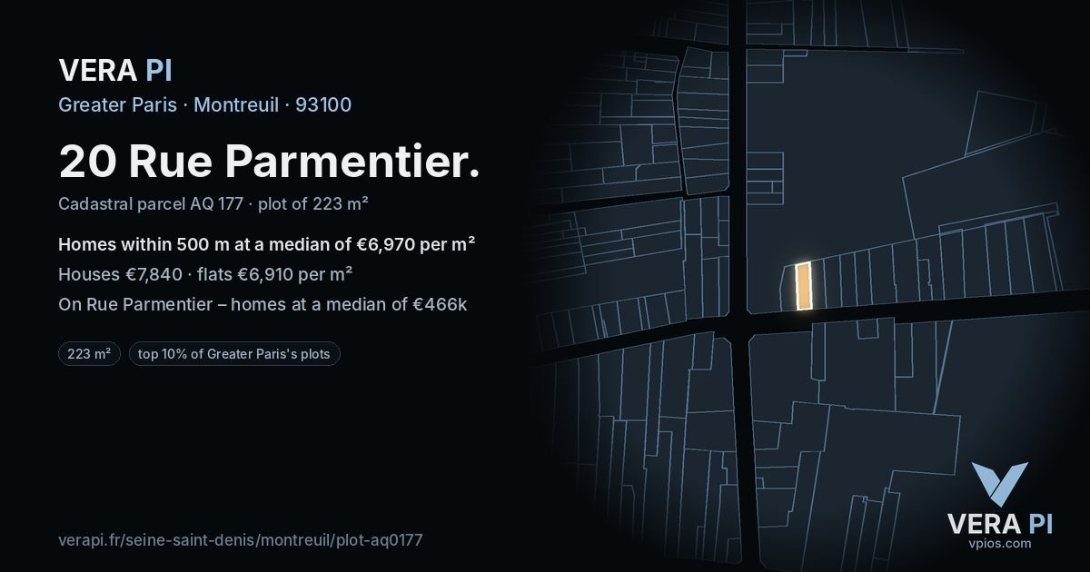 20 Rue Parmentier, Montreuil at night – the plot lit, the parcels around coloured by the prices near them