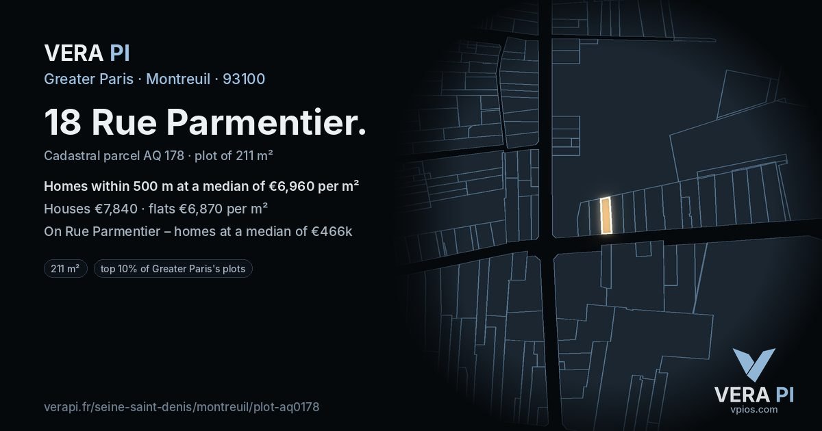 18 Rue Parmentier, Montreuil at night – the plot lit, the parcels around coloured by the prices near them