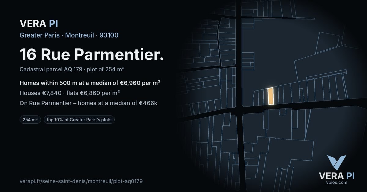 16 Rue Parmentier, Montreuil at night – the plot lit, the parcels around coloured by the prices near them