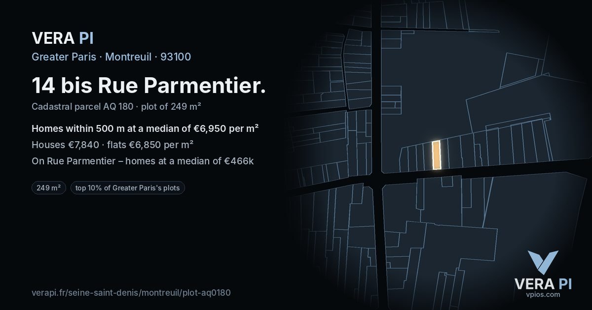 14 bis Rue Parmentier, Montreuil at night – the plot lit, the parcels around coloured by the prices near them